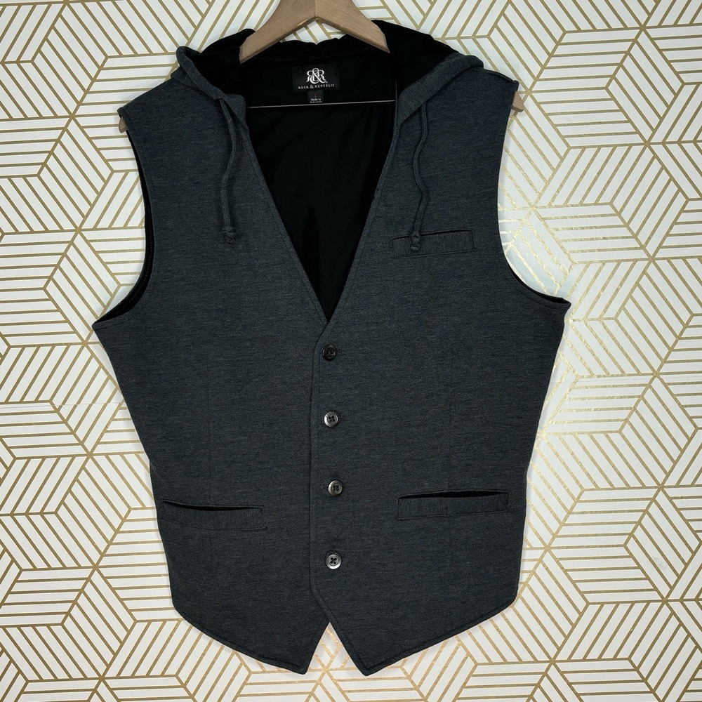 Rock & Republic Cowboy Vest Men Large Gray Lined Hooded Drawstring Button Front